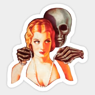 Skull Woman Retro Comic Horror Skeleton Bones Elegant Jewelry Pearls Diamonds Pin Up Girl Vintage Romantic Love Old Cartoon Sticker